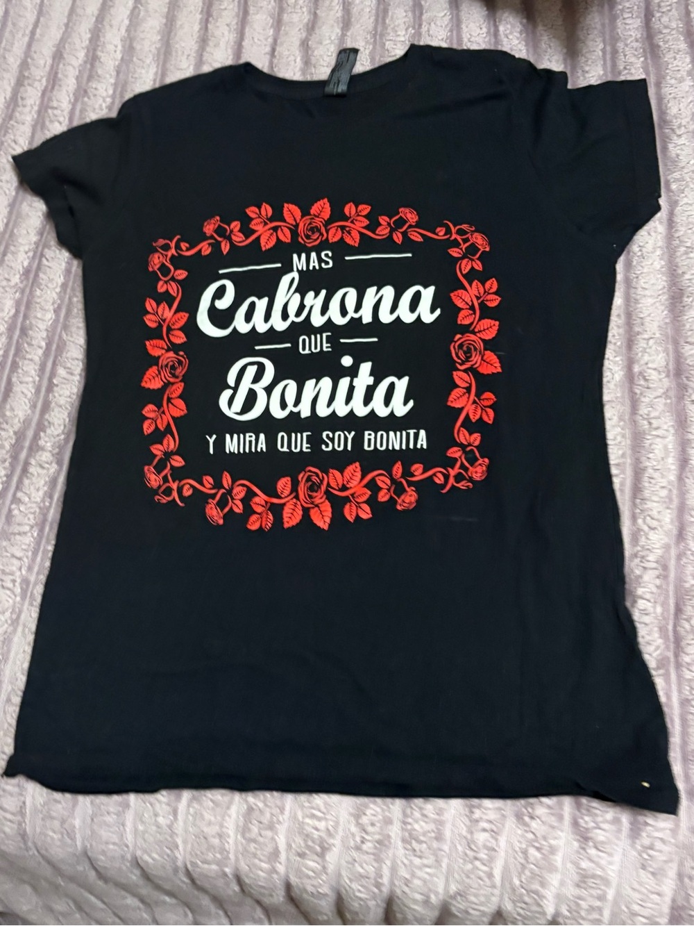 Black Short-Sleeve Graphic Tee with Red Floral Frame
